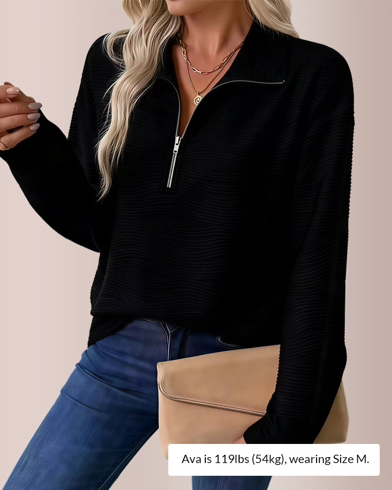 Curvvvy® Textured Zipper Front Long Sleeve T-Shirt