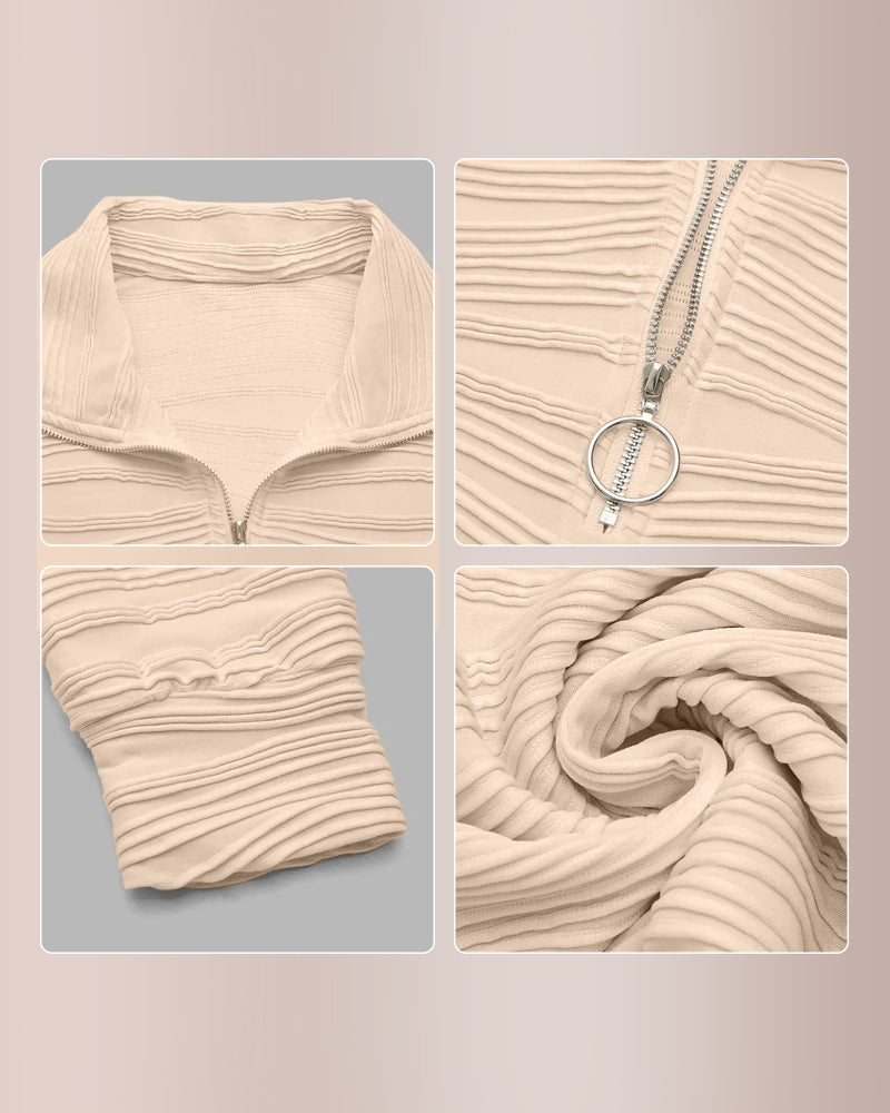 Curvvvy® Textured Zipper Front Long Sleeve T-Shirt