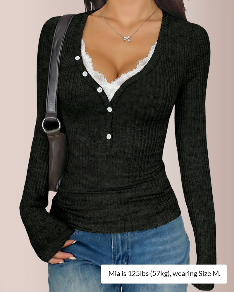 Curvvvy® Contrast Lace Rib-Knit Button Up Long Sleeve T-Shirt
