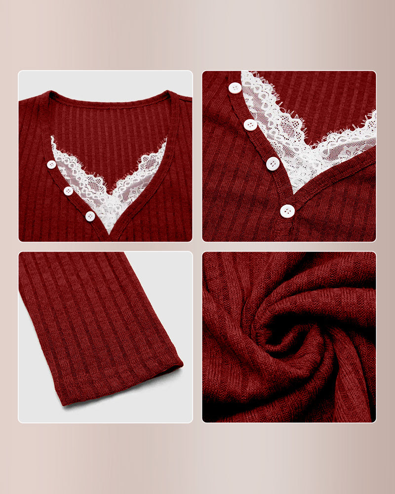 Curvvvy® Contrast Lace Rib-Knit Button Up Long Sleeve T-Shirt