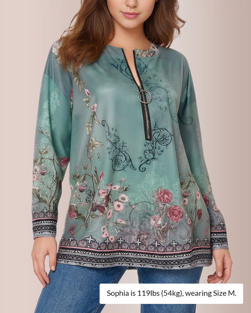 Curvvvy® Floral Print Ring Zip Up Round Neck Long Sleeve T-Shirt