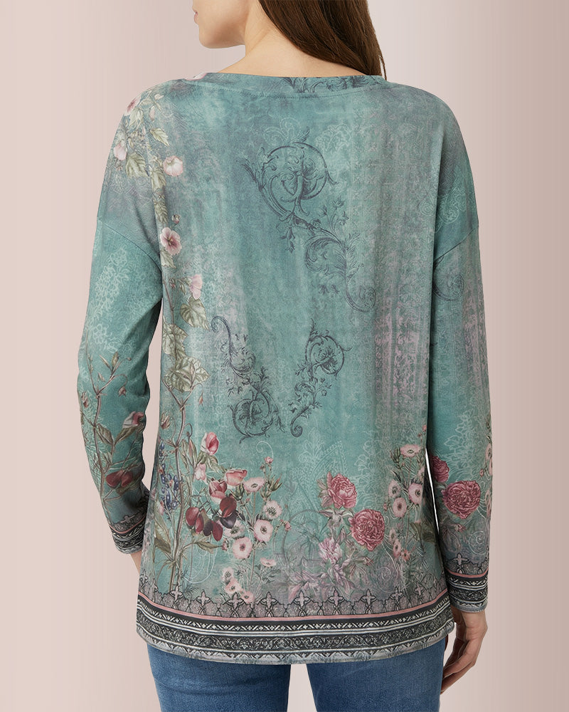 Curvvvy® Floral Print Ring Zip Up Round Neck Long Sleeve T-Shirt