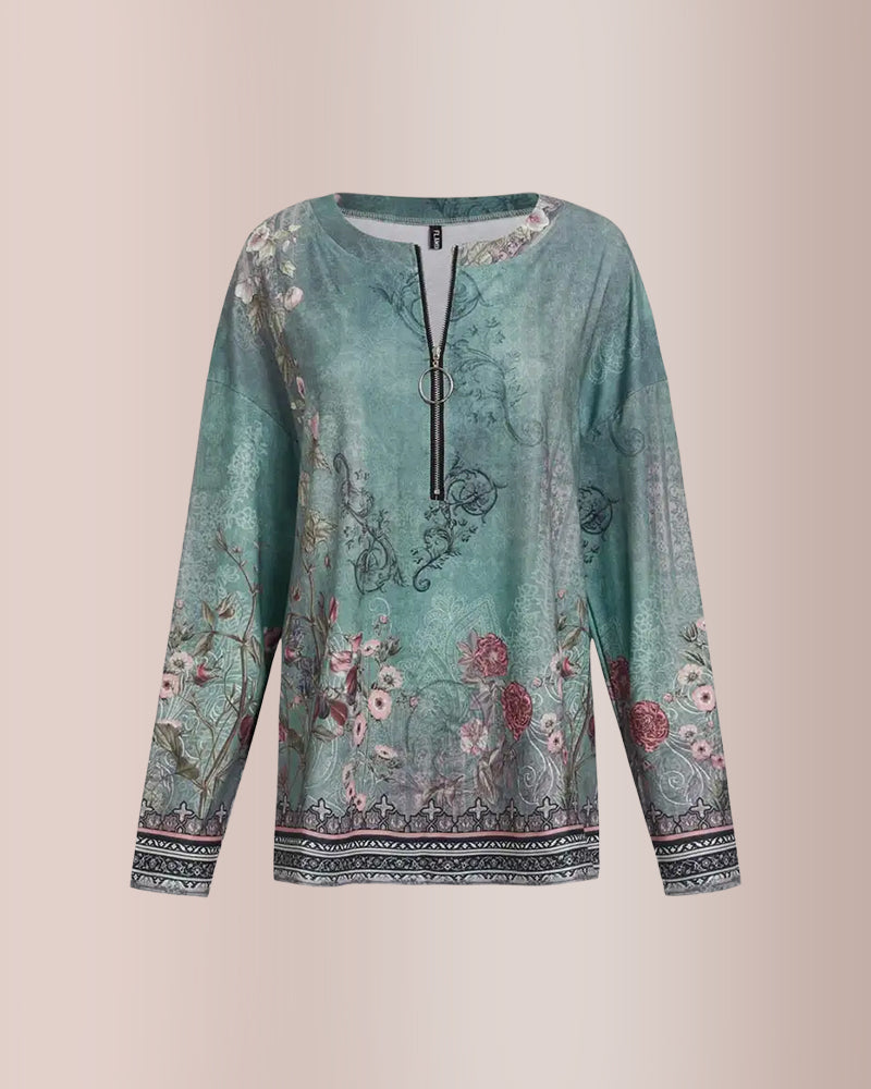 Curvvvy® Floral Print Ring Zip Up Round Neck Long Sleeve T-Shirt