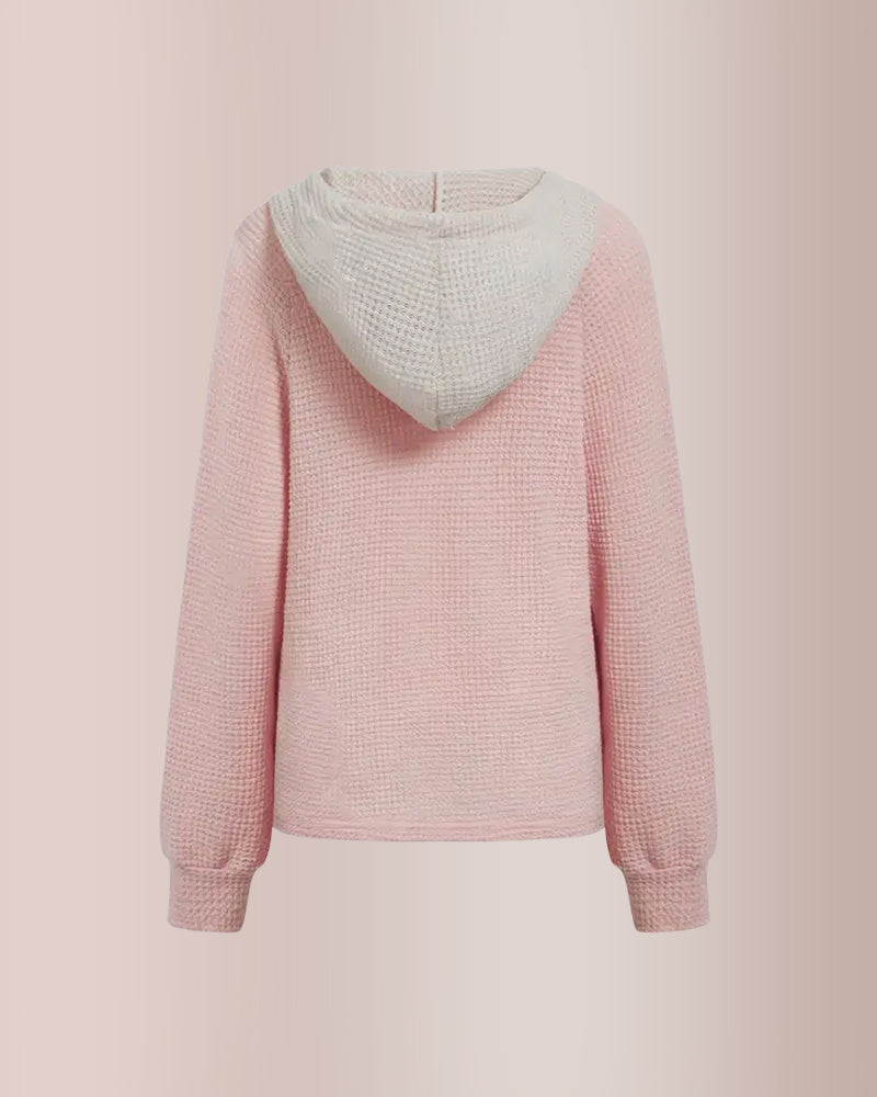 Curvvvy® Waffle Knit Drawstring Button Front Contrast Binding Hoodie