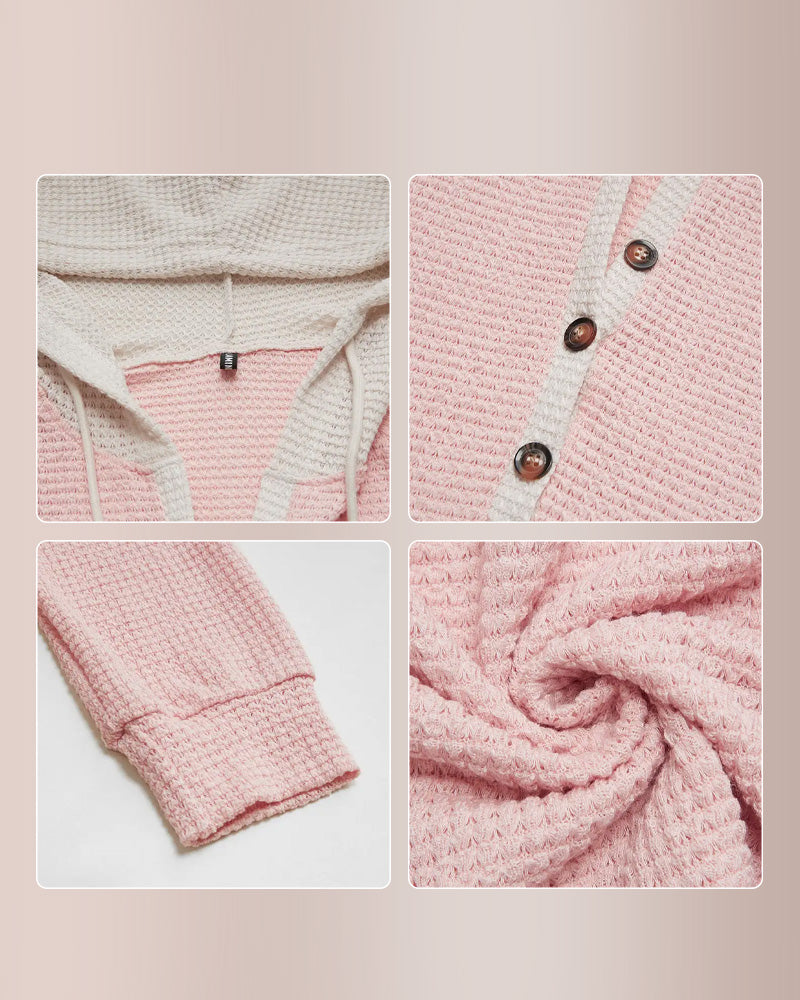 Curvvvy® Waffle Knit Drawstring Button Front Contrast Binding Hoodie