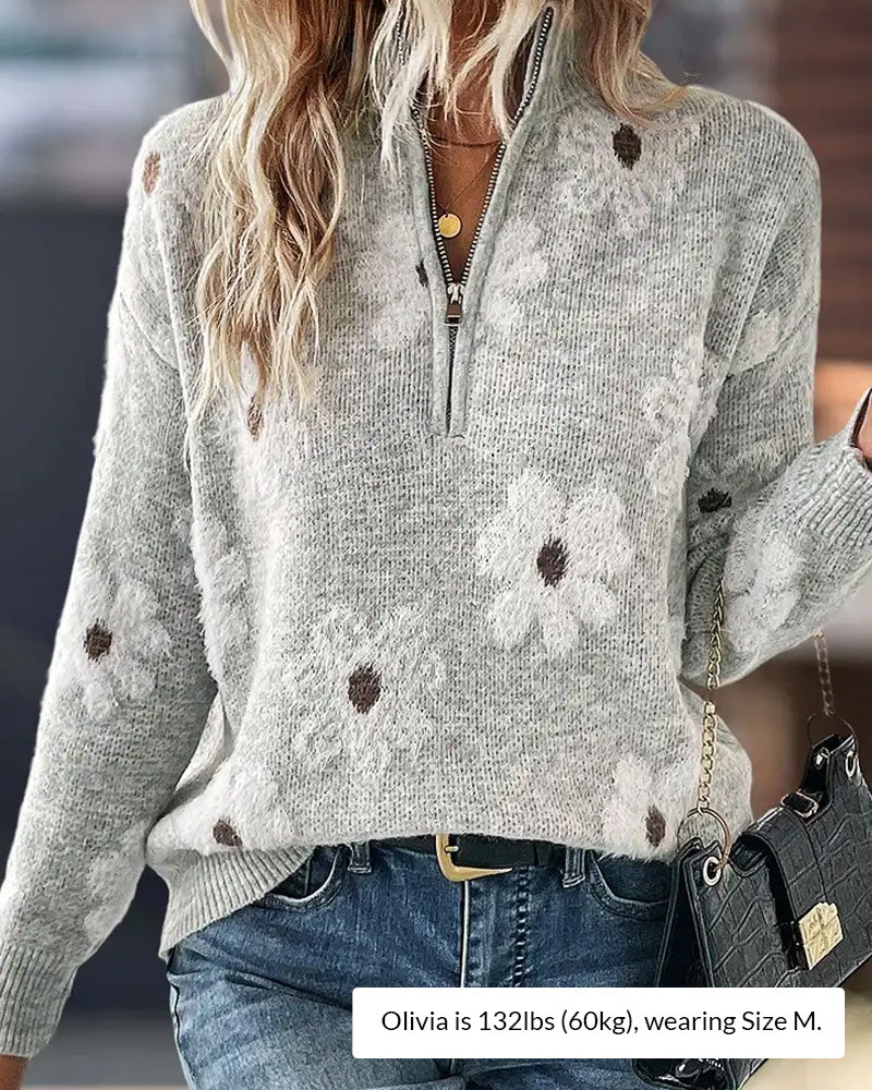 Curvvvy® Floral Pattern Half Zip High Neck Sweater