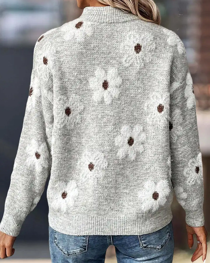 Curvvvy® Floral Pattern Half Zip High Neck Sweater