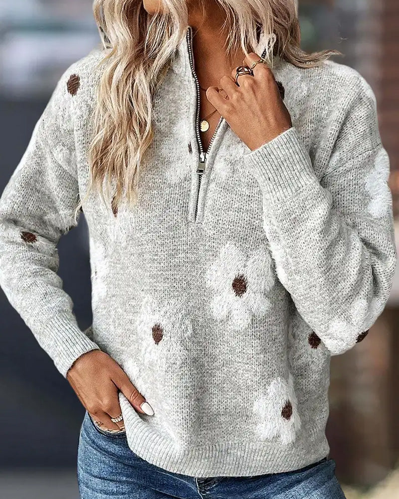 Curvvvy® Floral Pattern Half Zip High Neck Sweater