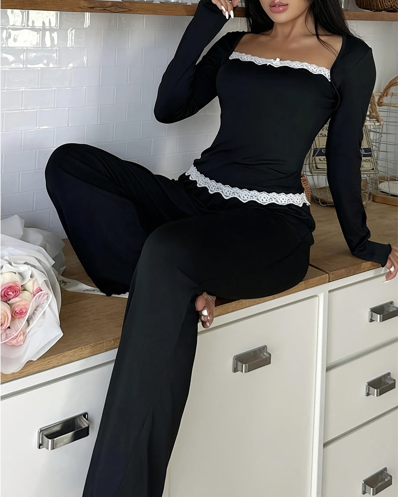 Curvvvy® CozyEase – Black Long-Sleeve Lace-Trim Pajama Set curvvvy