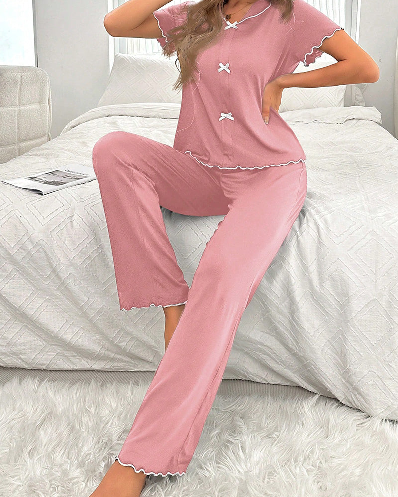 Curvvvy® DreamWear – Lace Trim Loose Short-Sleeve & Long Pants Pajama Set (5 Colors) curvvvy