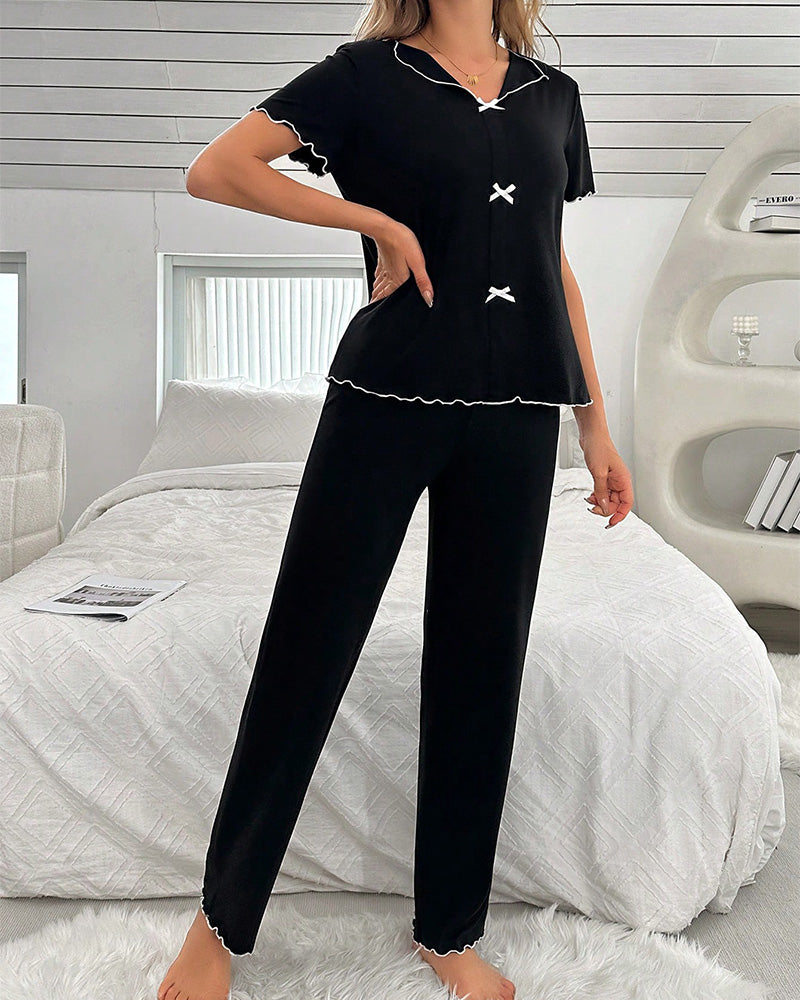 Curvvvy® DreamWear – Lace Trim Loose Short-Sleeve & Long Pants Pajama Set (5 Colors) curvvvy