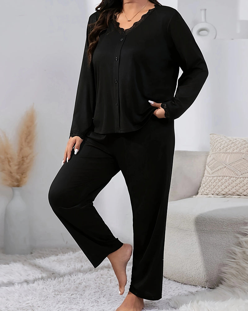 Curvvvy® CozyWear – Black Long-Sleeve Lace-Trim Pajama Set curvvvy