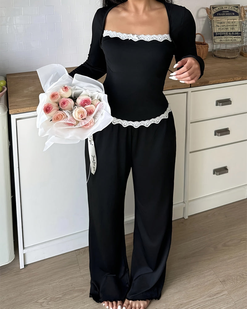 Curvvvy® CozyEase – Black Long-Sleeve Lace-Trim Pajama Set curvvvy