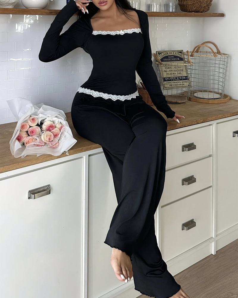Curvvvy® CozyEase – Black Long-Sleeve Lace-Trim Pajama Set curvvvy