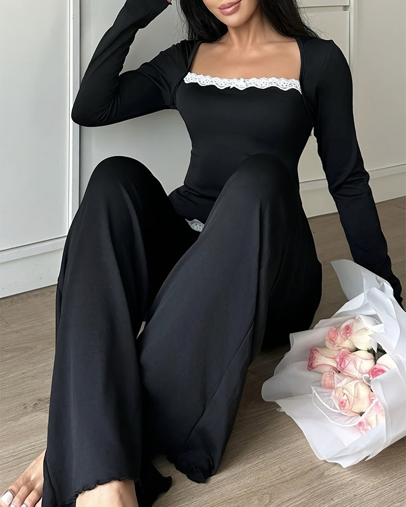 Curvvvy® CozyEase – Black Long-Sleeve Lace-Trim Pajama Set curvvvy