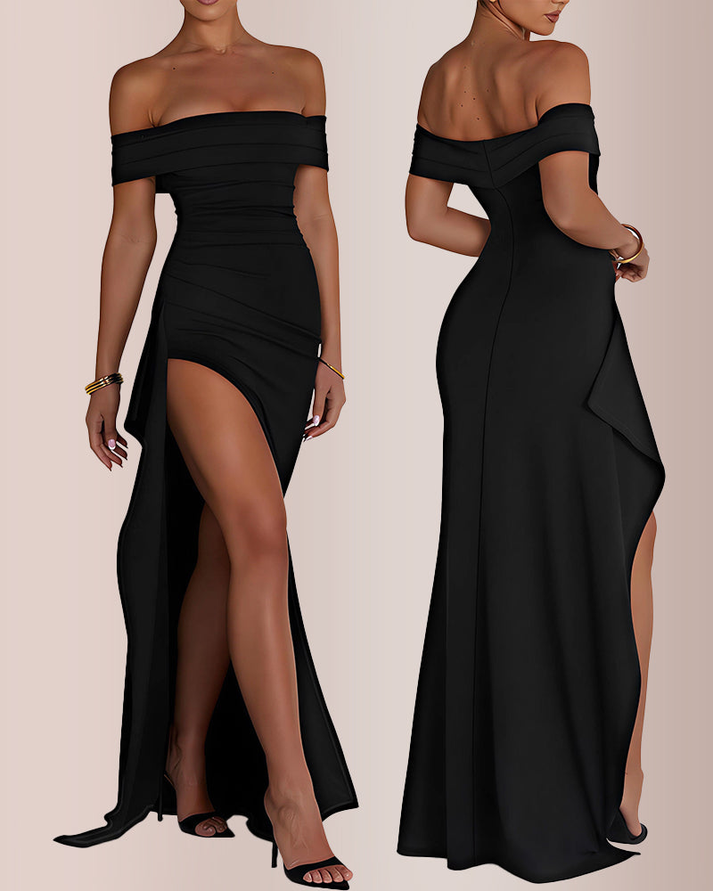 Off Shoulder High Split Bodycon Maxi Dress Curvvvy-US