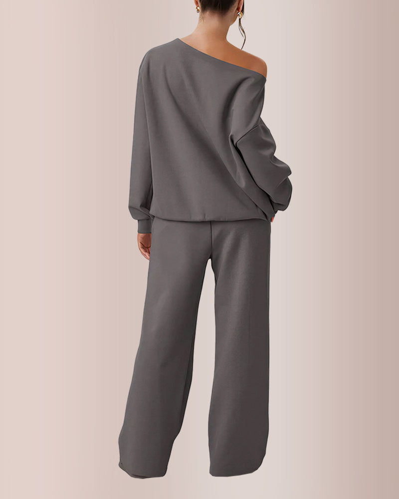 Curvvvy® Women’s Sloping Shoulder Top & Wide-Leg Co-ord Set