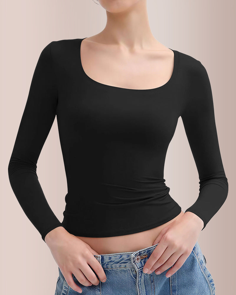 Curvvvy® Women’s Scoop Neck Double-Layer Long Sleeve Slim Top