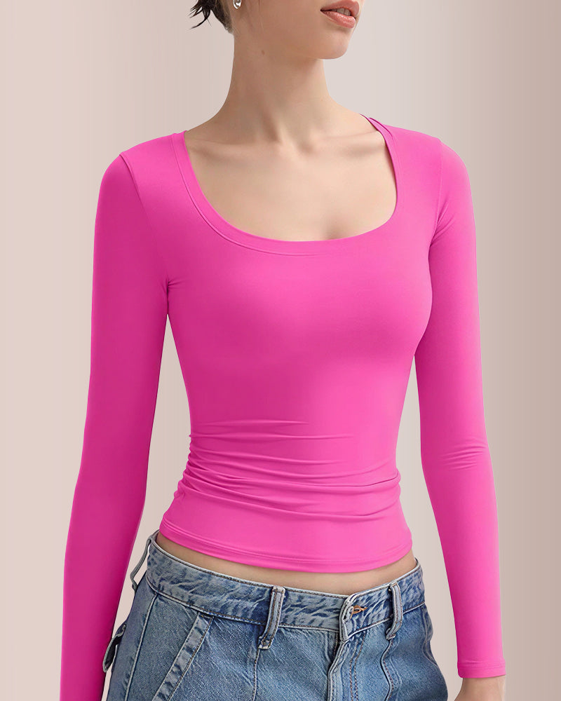 Curvvvy® Women’s Scoop Neck Double-Layer Long Sleeve Slim Top