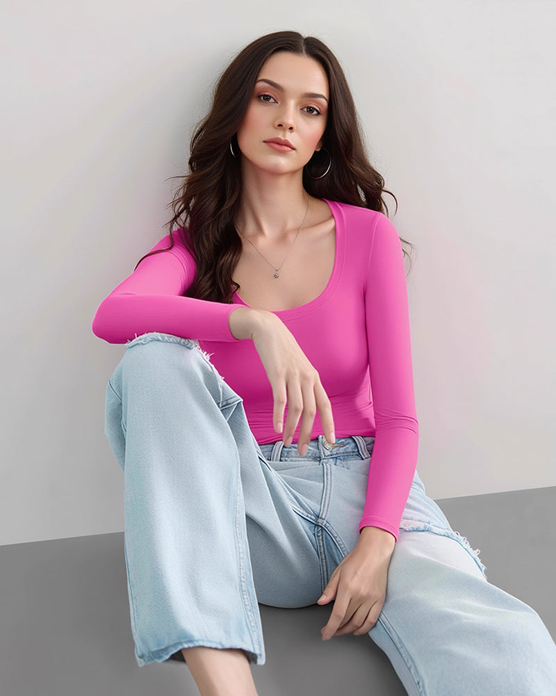 Curvvvy® Women’s Scoop Neck Double-Layer Long Sleeve Slim Top