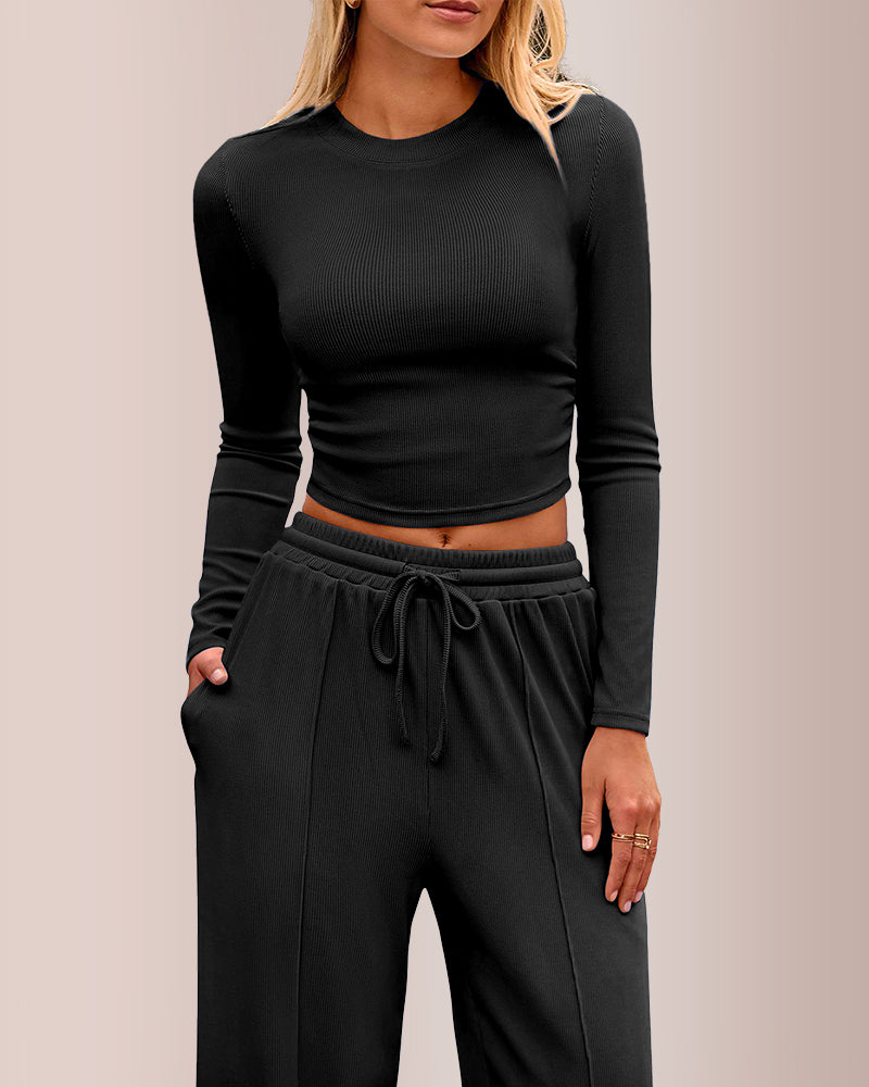 Curvvvy® Ribbed Knit Crop Top & Wide-Leg Lounge Set