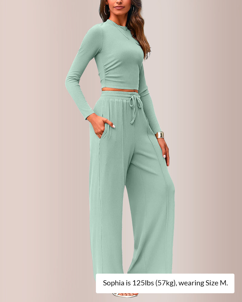 Curvvvy® Ribbed Knit Crop Top & Wide-Leg Lounge Set