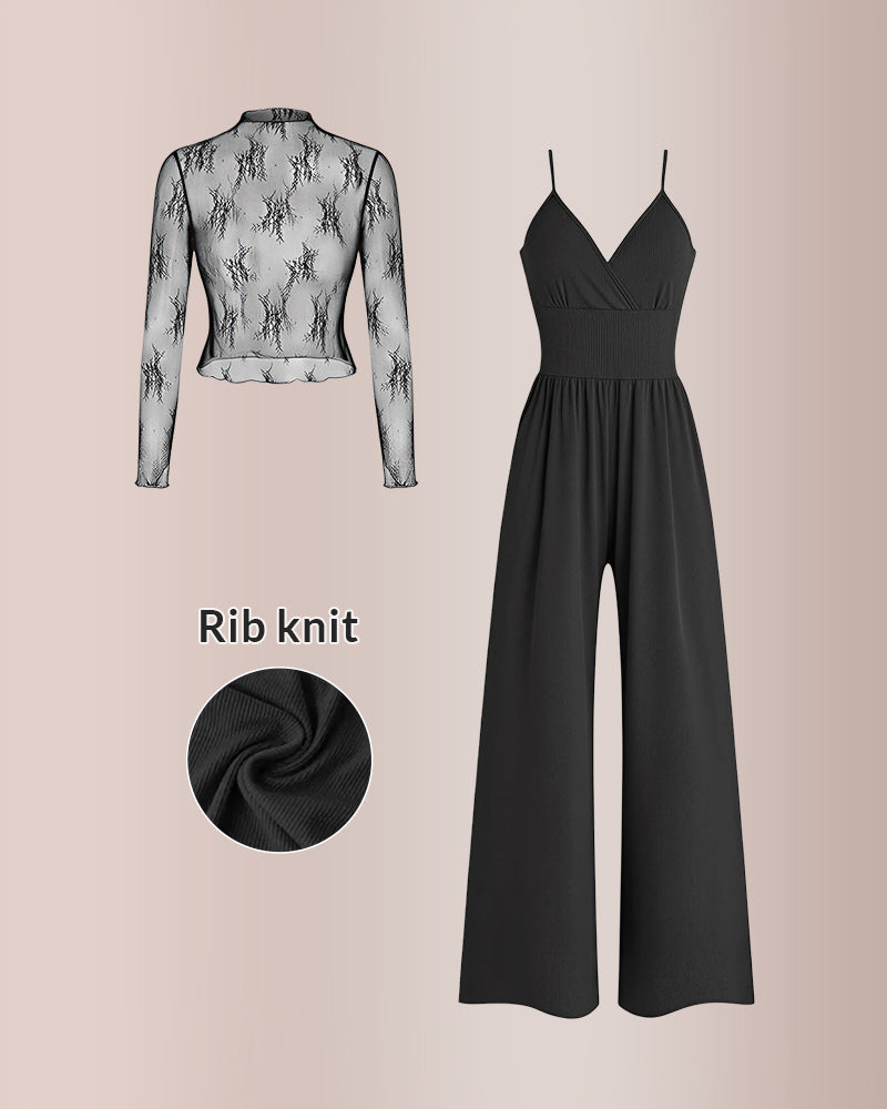 Curvvvy® Women’s Lace Tee & Cami Jumpsuit Two-Piece Set