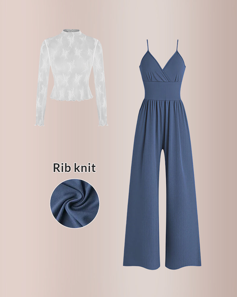 Curvvvy® Women’s Lace Tee & Cami Jumpsuit Two-Piece Set