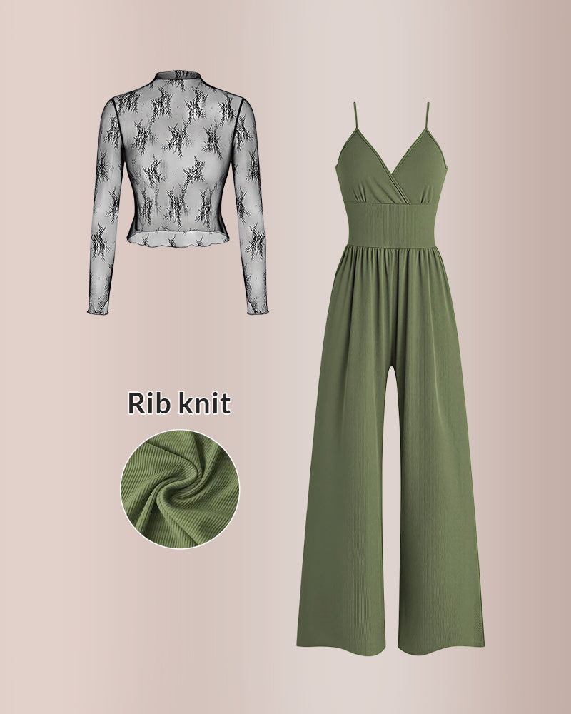 Curvvvy® Women’s Lace Tee & Cami Jumpsuit Two-Piece Set