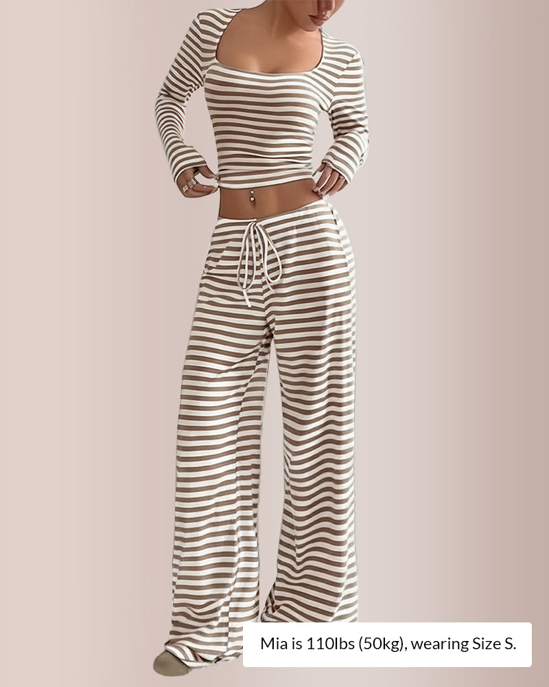 Curvvvy® Women’s Stripe Square Neck Crop Top & Wide Leg Pants Set