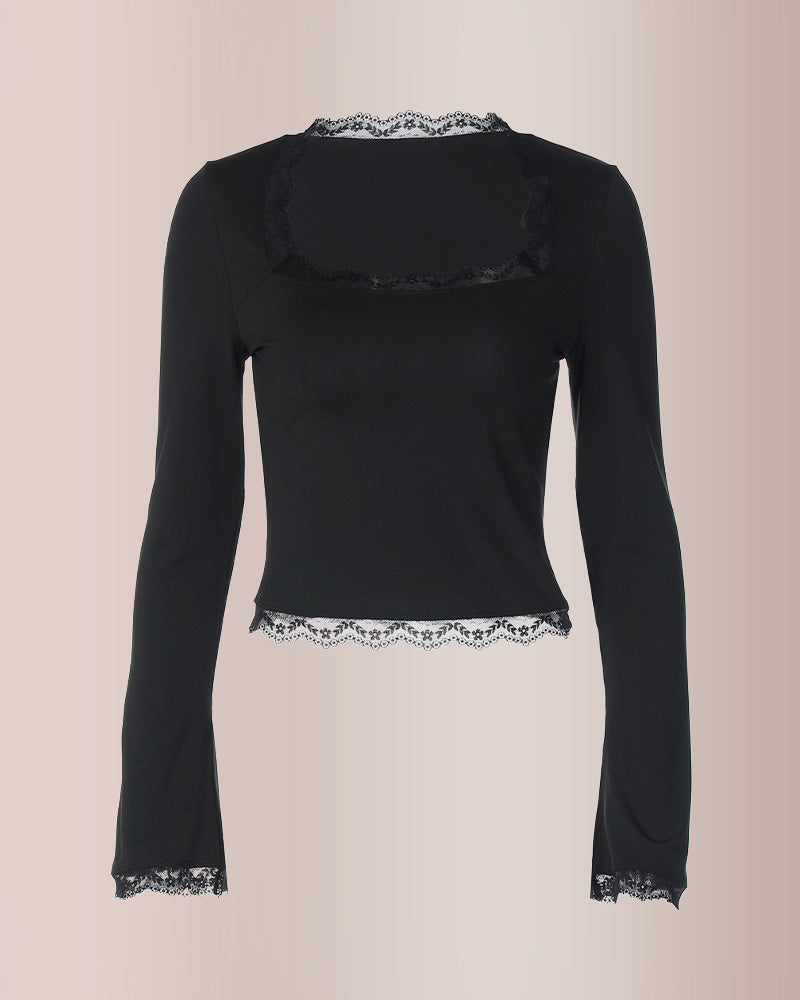 Curvvvy®Y2K Lace Trim Square Neck Fitted Top