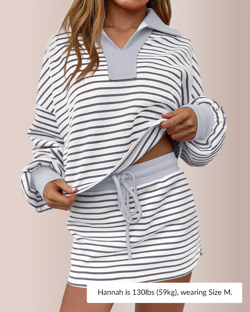 Curvvvy®Striped 2 Piece Outfits Casual Sweatshirt Skirt Set