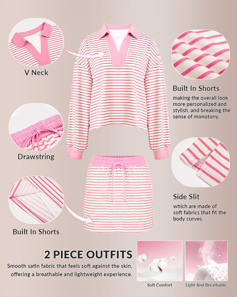 Curvvvy®Striped 2 Piece Outfits Casual Sweatshirt Skirt Set