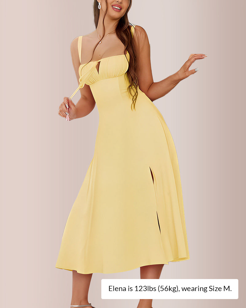 Curvvvy® Structured Bust Ruched Tie-Front High Slit Midi Dress