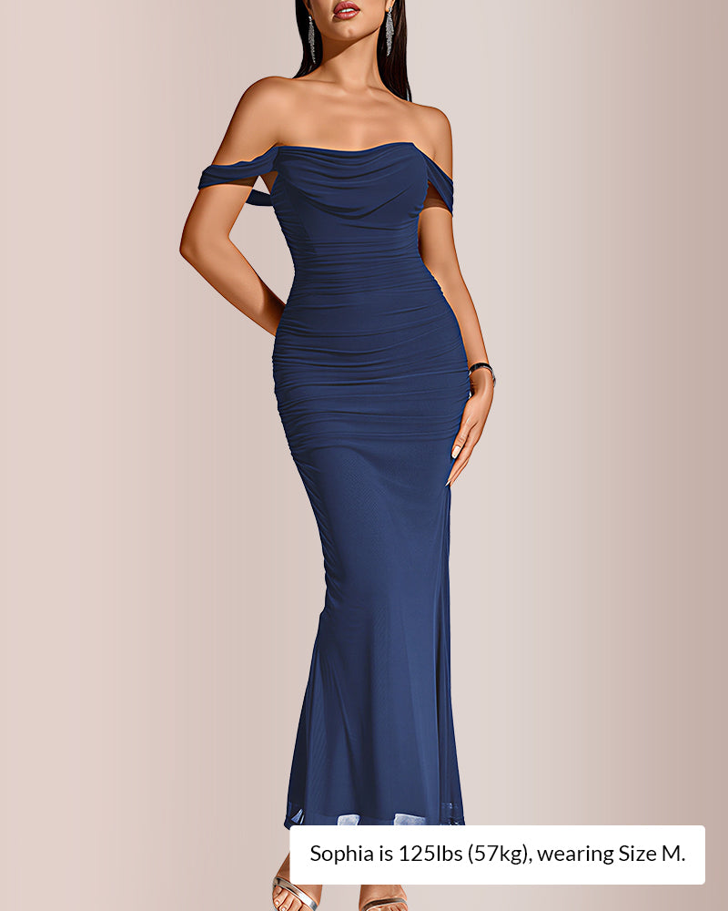 Curvvvy® Ruched Mesh Off-Shoulder Bodycon Maxi Dress