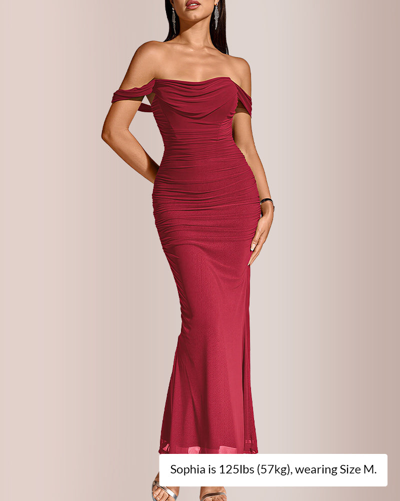 Curvvvy® Ruched Mesh Off-Shoulder Bodycon Maxi Dress