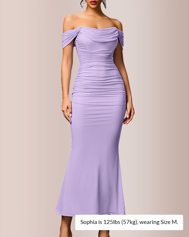 Curvvvy® Ruched Mesh Off-Shoulder Bodycon Maxi Dress
