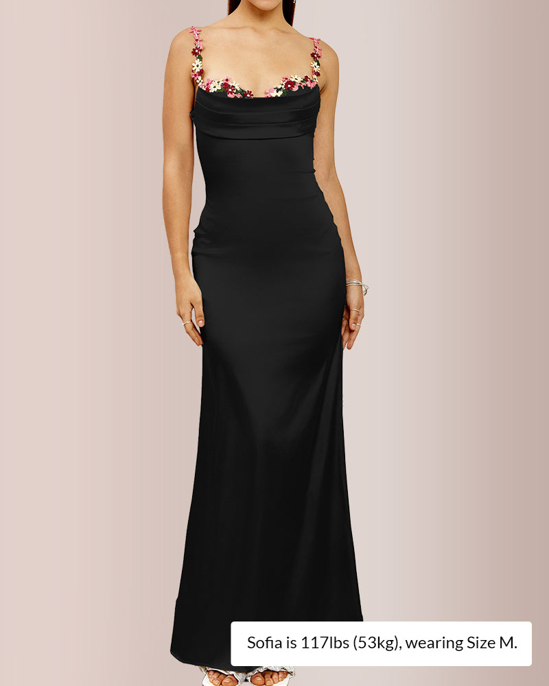 Curvvvy® Floral Embroidered Strap Cowl Neck Satin Maxi Dress