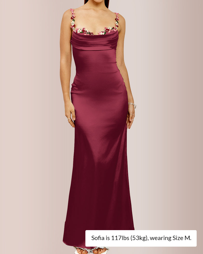 Curvvvy® Floral Embroidered Strap Cowl Neck Satin Maxi Dress