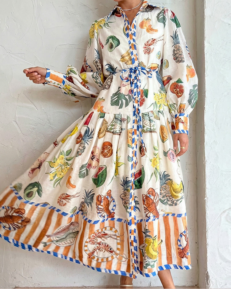 Curvvvy® Coastal Print Lantern Sleeve Maxi Shirt Dress