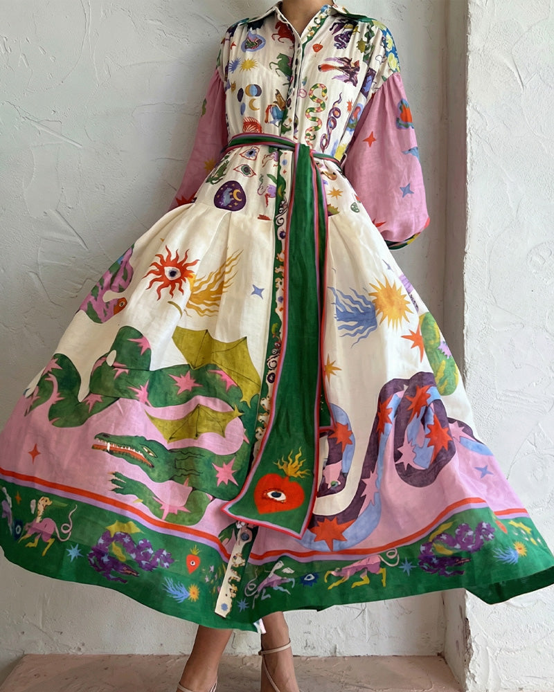 Curvvvy® Coastal Print Lantern Sleeve Maxi Shirt Dress