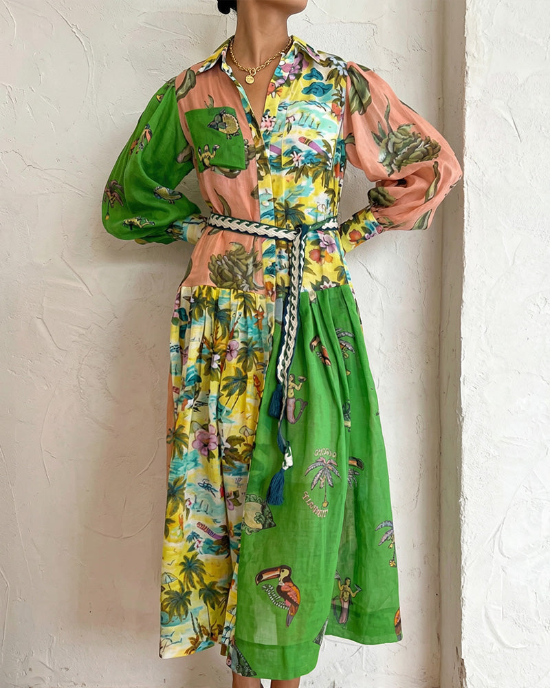 Curvvvy® Coastal Print Lantern Sleeve Maxi Shirt Dress