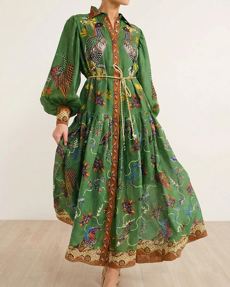 Curvvvy® Coastal Print Lantern Sleeve Maxi Shirt Dress