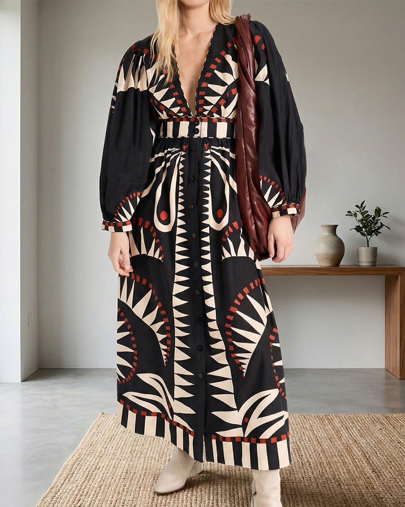 Curvvvy® Coastal Print Lantern Sleeve Maxi Shirt Dress