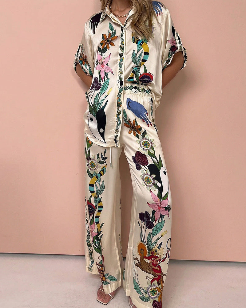 Curvvvy® Artistic Graffiti Oversized Shirt & Wide-Leg Pant Set