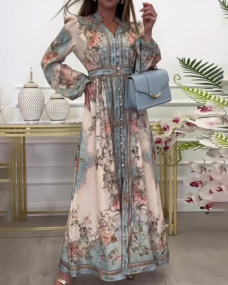 Curvvvy® Baroque Floral Print V-Neck Long Sleeve Maxi Dress