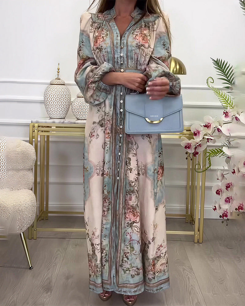 Curvvvy® Baroque Floral Print V-Neck Long Sleeve Maxi Dress