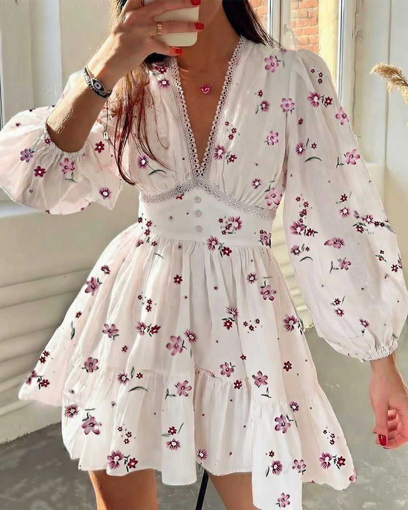 Curvvvy® Deep V-Neck Lace Trim Floral Puff Sleeve Mini Dress