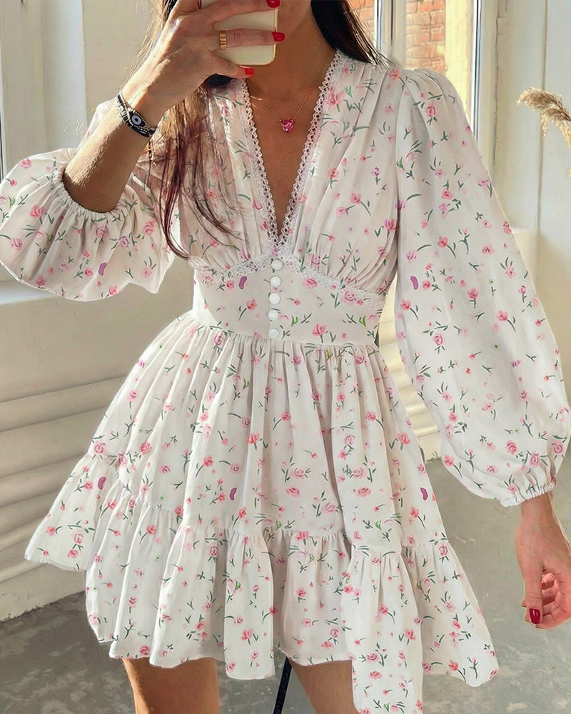 Curvvvy® Deep V-Neck Lace Trim Floral Puff Sleeve Mini Dress