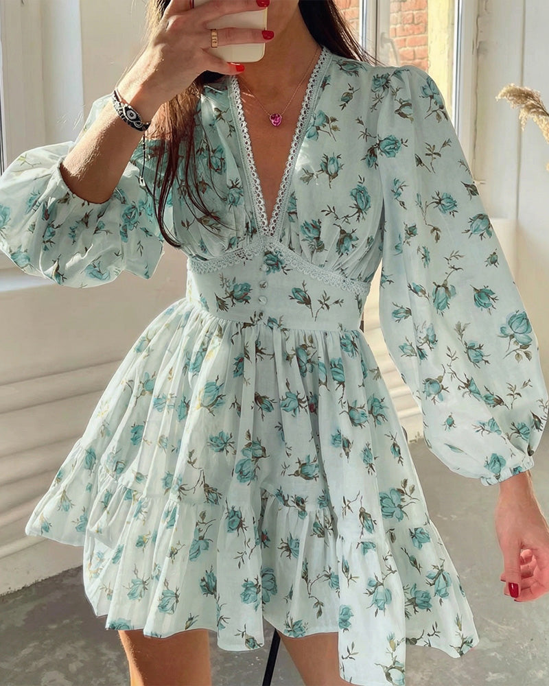 Curvvvy® Deep V-Neck Lace Trim Floral Puff Sleeve Mini Dress